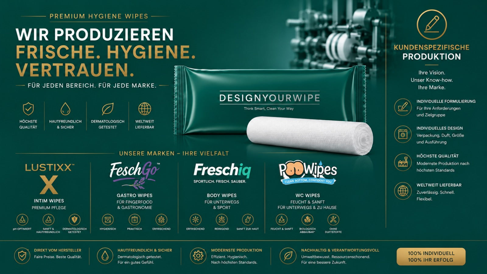 DesignYourWipe – Hersteller für Premium-Hygienetücher: LustiXX, FeschGo, Freschiq und PoWipes sowie individuelle Private-Label-Produktion