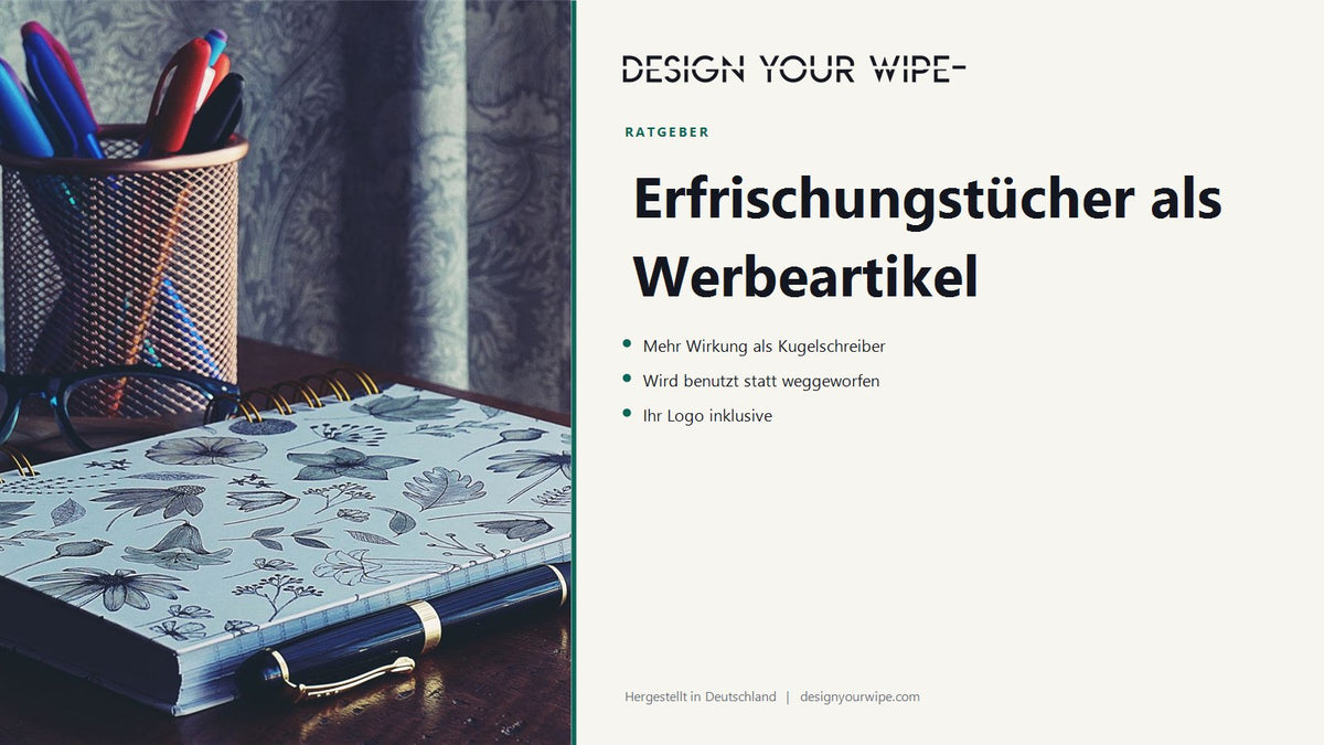 Bunte Stifte auf einem Schreibtisch – Erfrischungstücher als Werbeartikel, DesignYourWipe