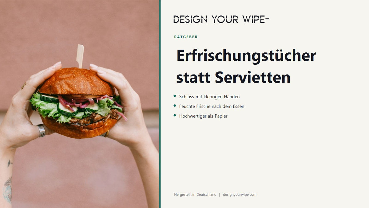 Hände halten einen Burger – Erfrischungstücher statt Servietten von DesignYourWipe