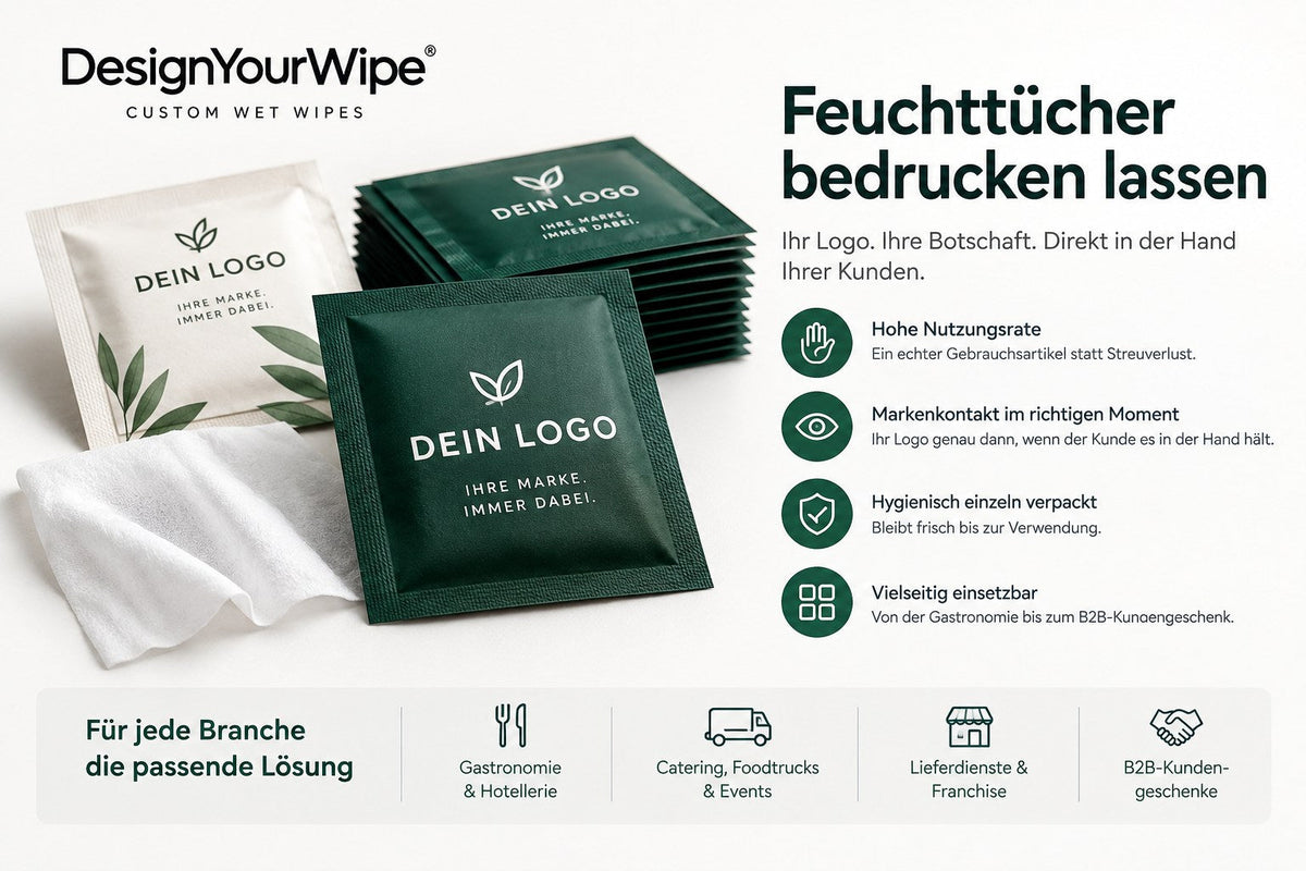 Feuchttücher bedrucken lassen – individuell bedruckte Sachets mit Logo von DesignYourWipe