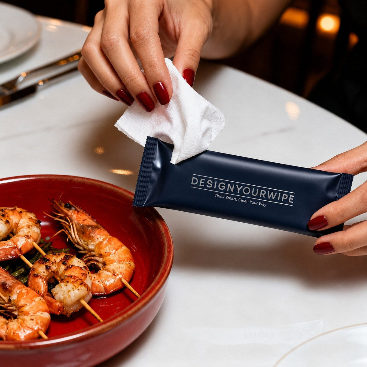 Erfrischungstuch von DesignYourWipe im Restaurant-Einsatz – Gast reinigt die Hände nach Grill-Garnelen