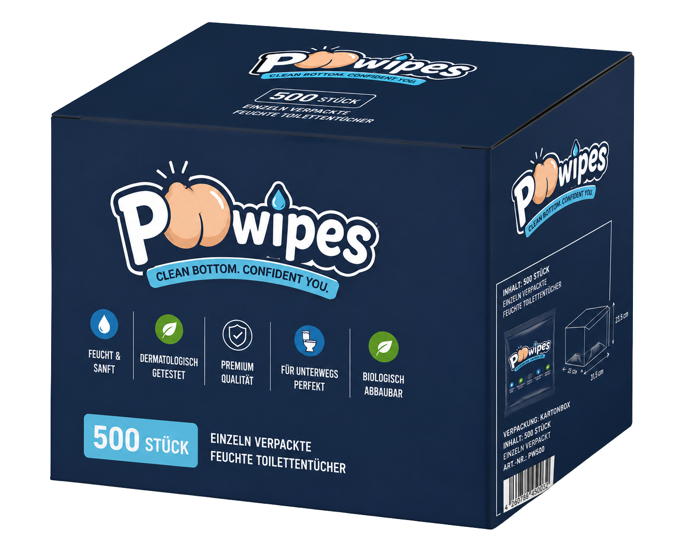 PoWipes Hygienetücher – spülbar nach GD4, einzeln verpackt, 500 Stück