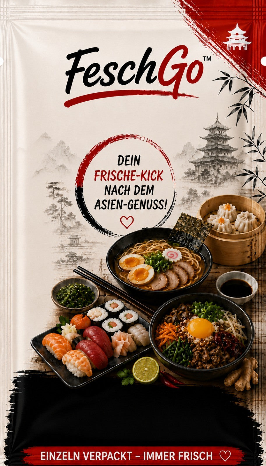 FeschGo Asiatisch - gefaltetes Erfrischungstuch im Einzelsachet