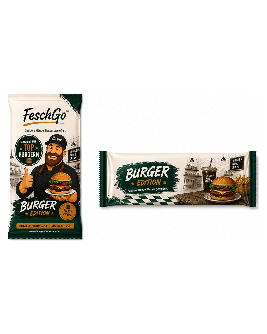 FeschGo Burger - einzeln verpackte Erfrischungstuecher, beide Ausfuehrungen