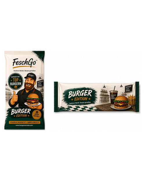 FeschGo Burger - einzeln verpackte Erfrischungstuecher, beide Ausfuehrungen