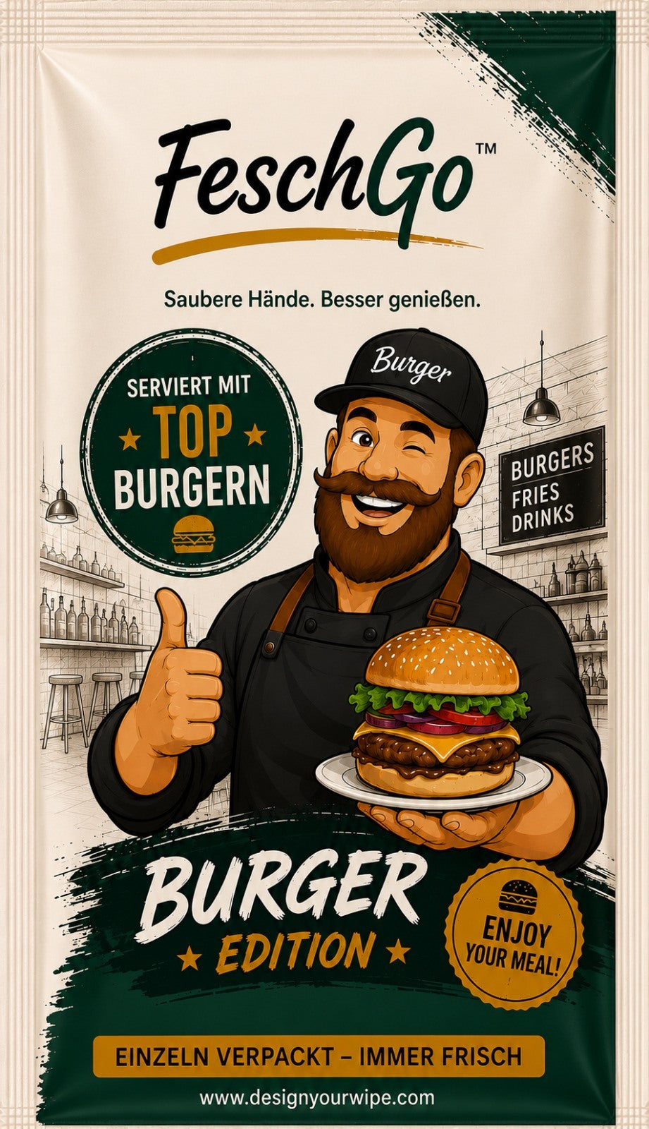FeschGo Burger - gefaltetes Erfrischungstuch im Einzelsachet