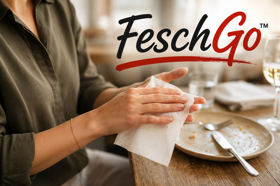 FeschGo – Hygienetücher für die Gastronomie, Gast reinigt die Hände am gedeckten Tisch