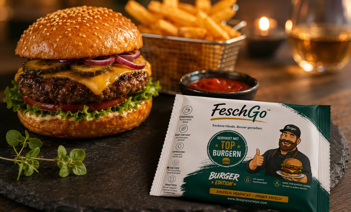 FeschGo Burger Edition neben Burger und Pommes