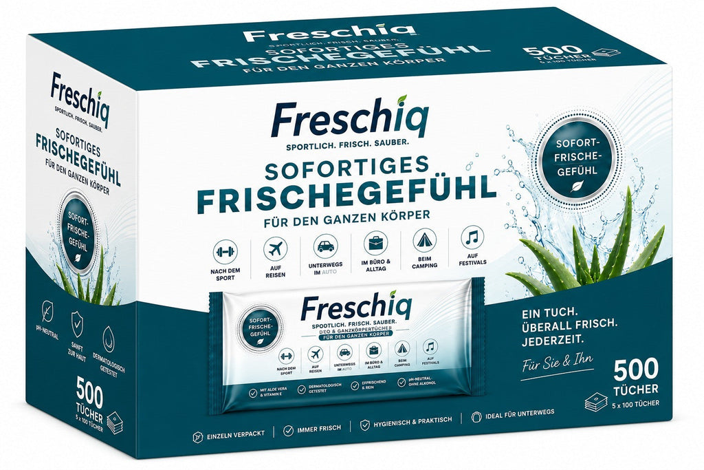 Freschiq Körperpflegetücher – Vorratsbox mit 500 einzeln verpackten Tüchern (5 × 100)