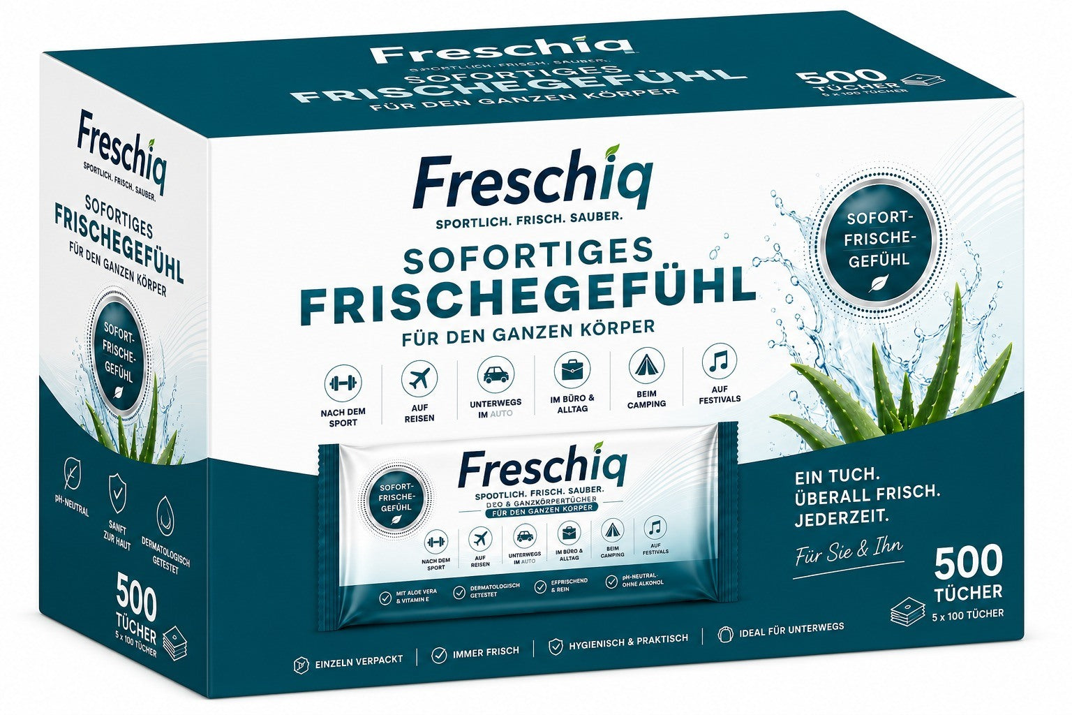 Freschiq Körperpflegetücher – Vorratsbox mit 500 einzeln verpackten Tüchern (5 × 100)
