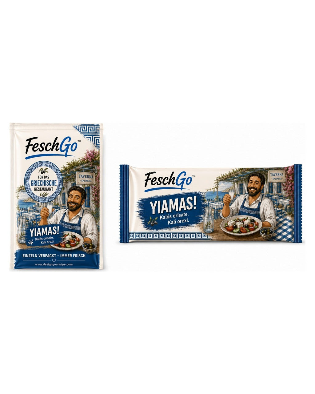 FeschGo Griechisch - einzeln verpackte Erfrischungstuecher, beide Ausfuehrungen