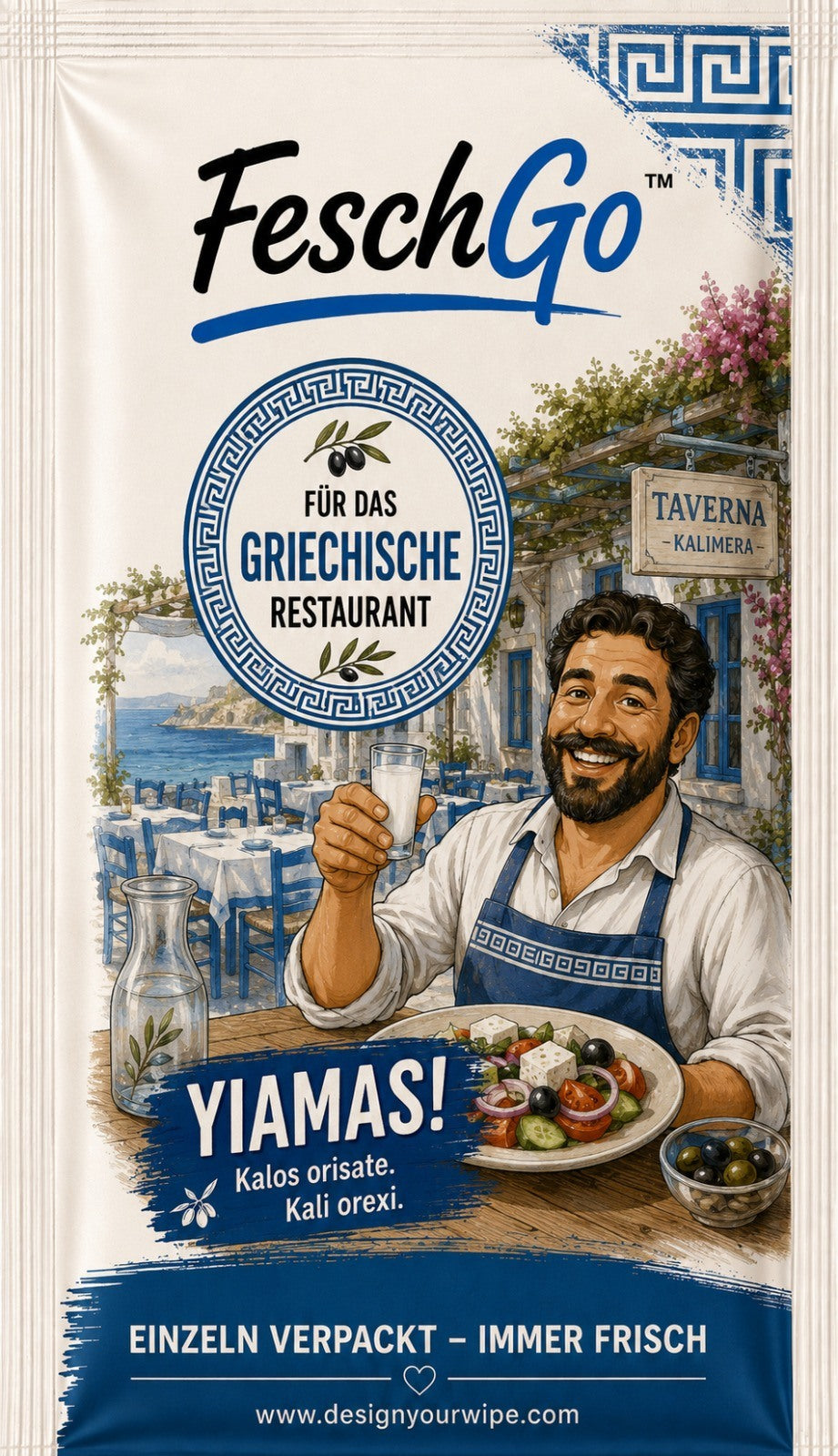 FeschGo Griechisch - gefaltetes Erfrischungstuch im Einzelsachet