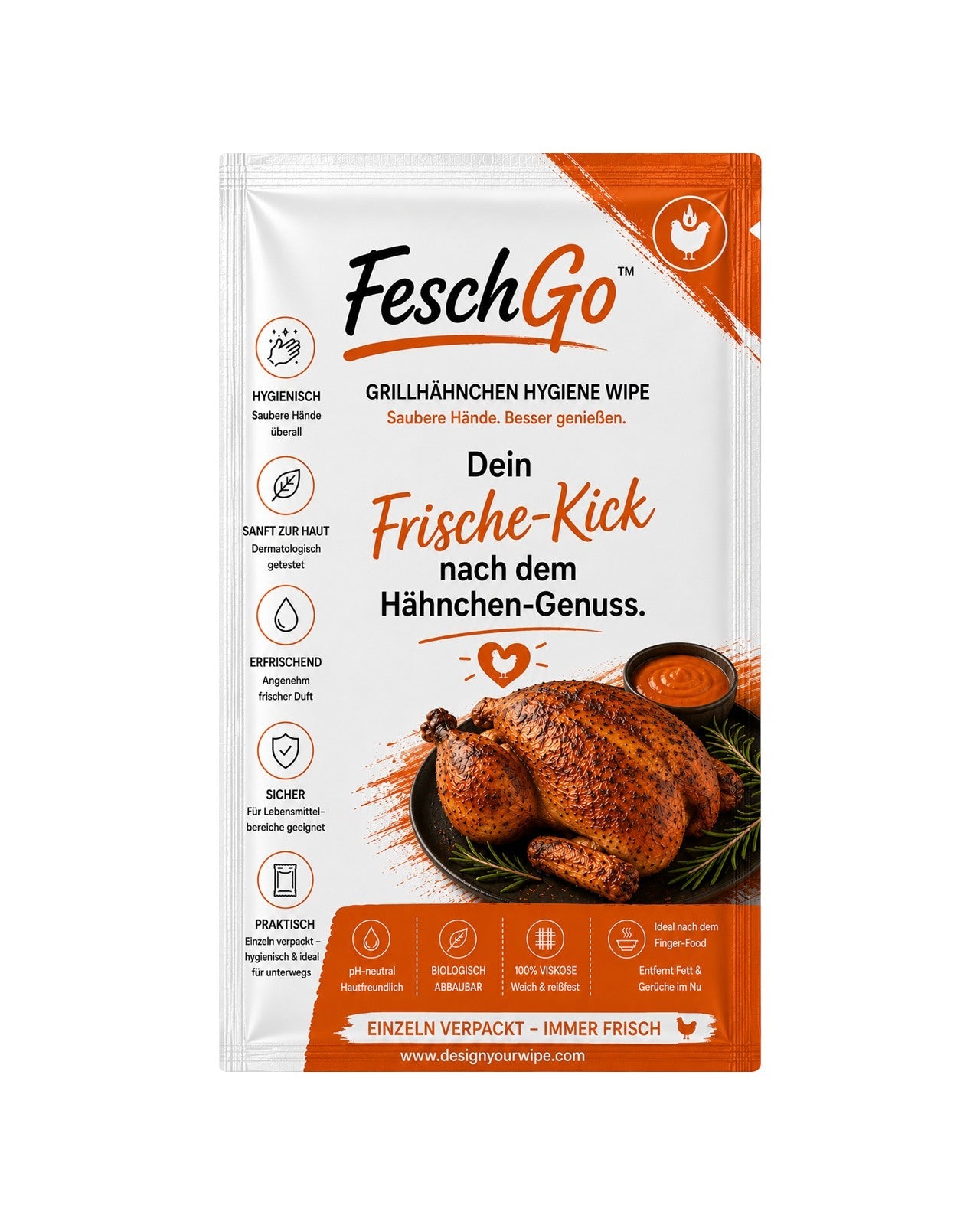FeschGo – Grillhähnchen – einzeln verpacktes Hygienetuch