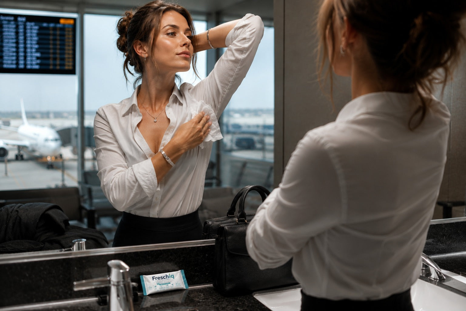Geschäftsreisende erfrischt sich am Flughafen mit einem Freschiq Hygienetuch