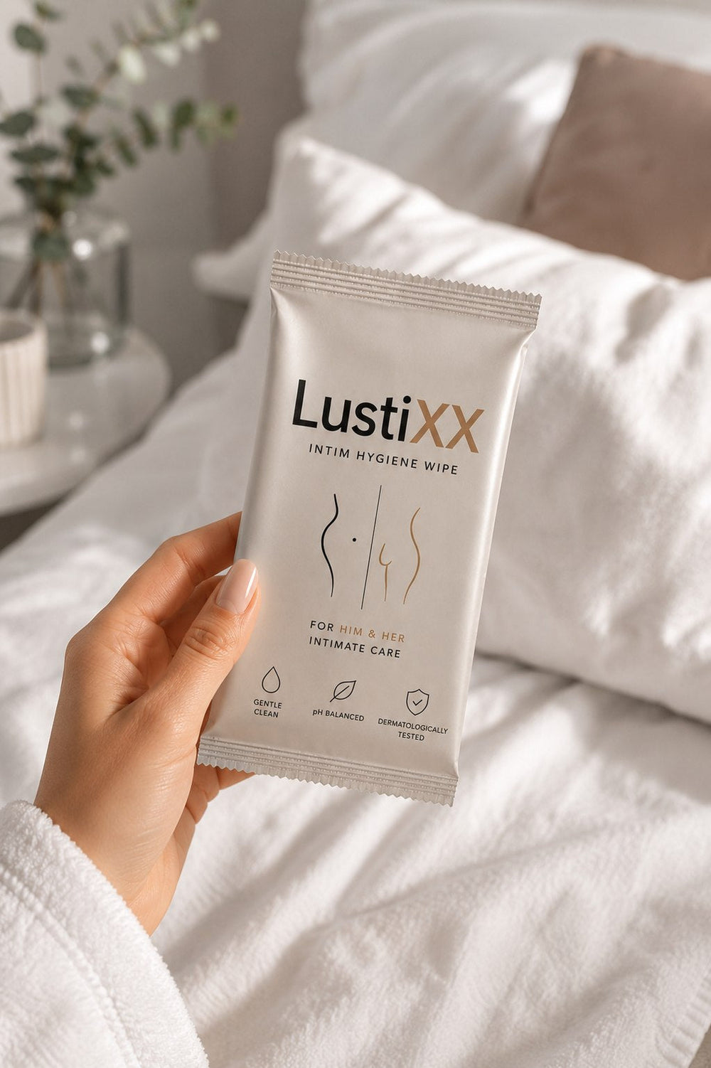 Hand hält ein einzeln verpacktes LustiXX Intimpflegetuch im Bademantel