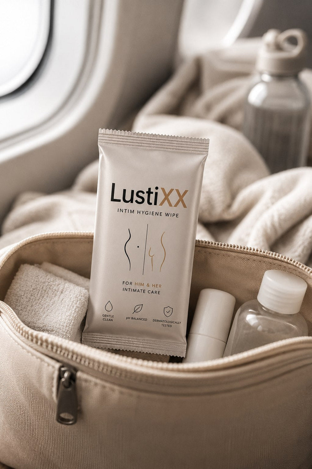 LustiXX Intimpflegetuch in der Kulturtasche am Flugzeugfenster