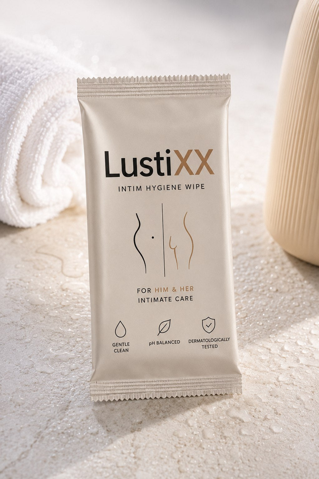 Einzeln verpacktes LustiXX Intimpflegetuch auf einer Waschtischplatte im Spa