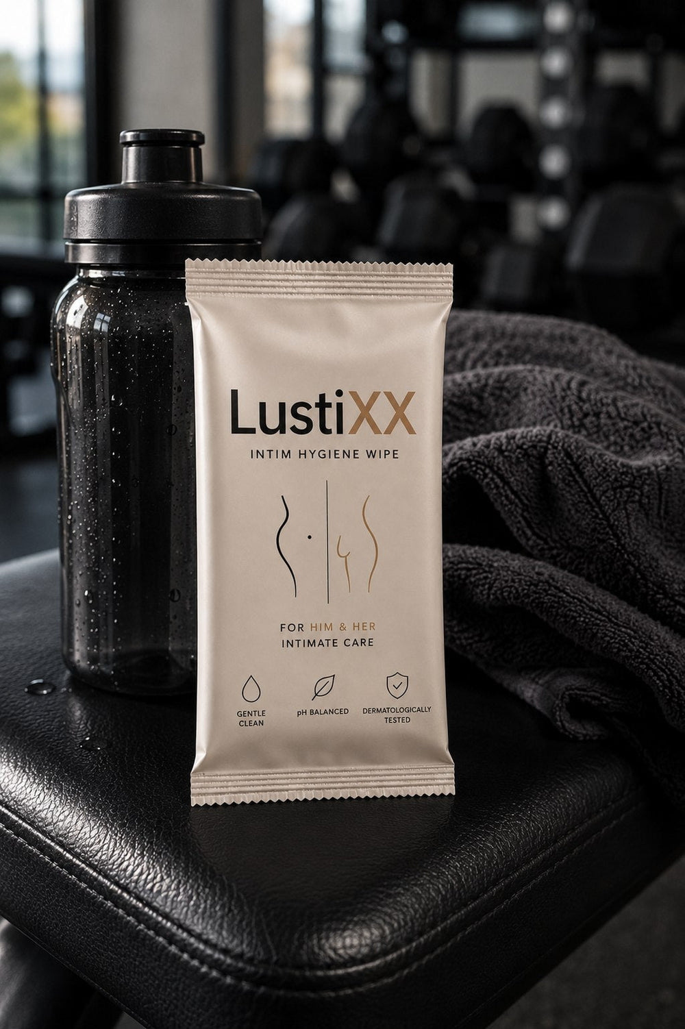 LustiXX Intimpflegetuch mit Trinkflasche und Handtuch im Fitnessstudio