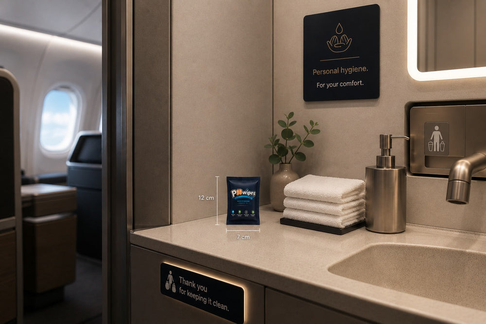 PoWipes Hygienetuch im Waschraum der Business Class – Serviceleistung für Fluggäste