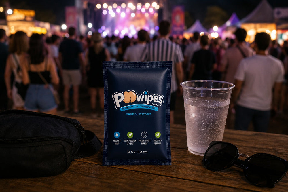 PoWipes Hygienetuch mit Gürteltasche auf einem Festival