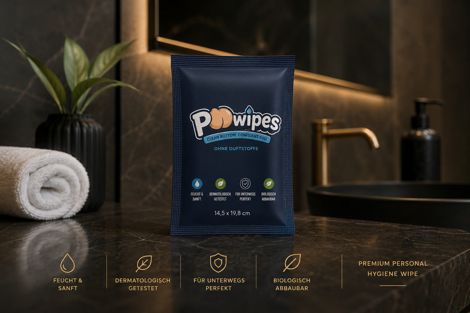 PoWipes Premium Personal Hygiene Wipe – feucht, dermatologisch getestet, biologisch abbaubar