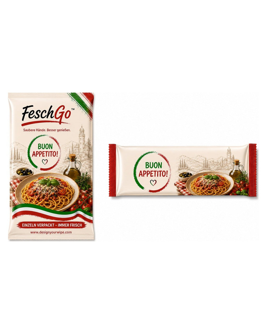 FeschGo Italienisch - einzeln verpackte Erfrischungstuecher, beide Ausfuehrungen