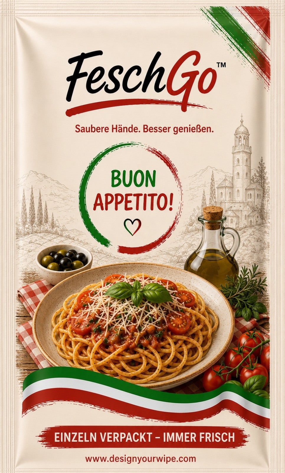 FeschGo Italienisch - gefaltetes Erfrischungstuch im Einzelsachet