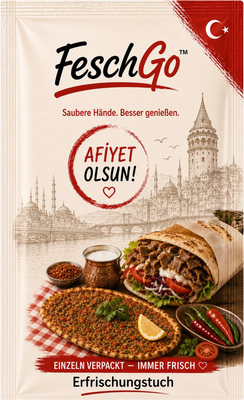 FeschGo Türkisch - gefaltetes Erfrischungstuch im Einzelsachet